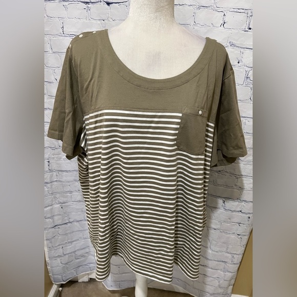 Coral Bay Woman Size 2X Olive And White Short Sleeve Shirt/top - Picture 1 of 7